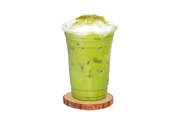 Ice matcha latte served with foam milk for topping put on white background and isolate concept.