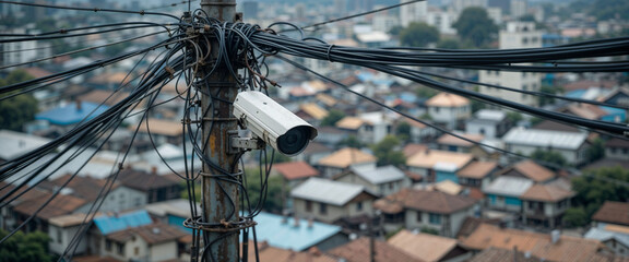 cctv on electric pole with messy cables