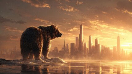A bear with an urban cityscape behind it.
