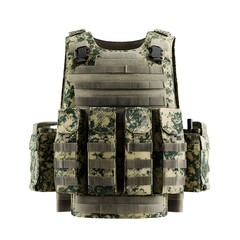 Fototapeta premium A tactical military vest in a camouflage pattern. The vest features multiple pockets and attachment points for gear. Suitable for outdoor activities and military use.