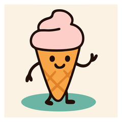 Cute Ice Cream Cone Mascot — Kawaii Dessert Food Icon, Friendly Character Vector (Isolated)