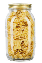 Farfalle pasta in a glass jar for storing bulk products isolated on white background.