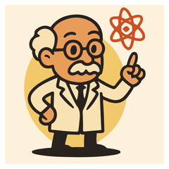 Senior Professor Pointing to Atom — Scientist Mentor Cute Character, Education & Research Vector