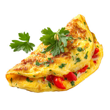 A golden - brown omelet filled with red vegetables and topped with fresh herbs Looks delicious nutritious and ready to eat Breakfast time !