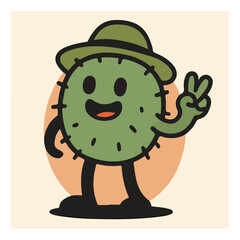 Kawaii Cactus Traveler with Hat Giving Peace Sign — Cute Plant Mascot Vector