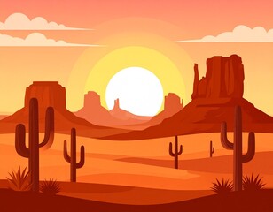 Desert Sunset Landscape: A vibrant sunset bathes a serene desert landscape in warm hues, silhouetting iconic rock formations and cacti.