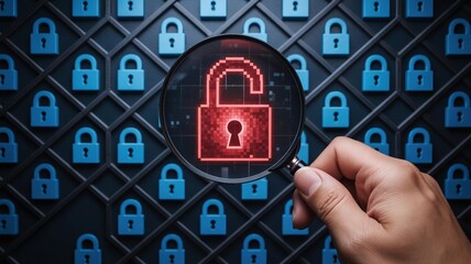 Digital security concept unlocking a red padlock protected by cyber network grids