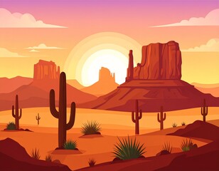 Desert Sunset Landscape: Vibrant illustration capturing a stunning desert vista, showcasing majestic mesas silhouetted against the vivid colors of the setting sun.