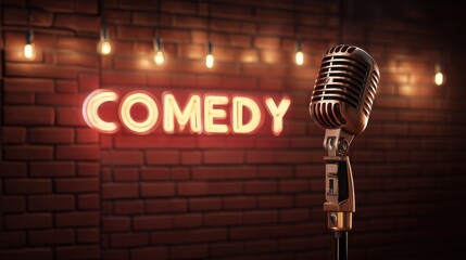 A vintage microphone stands before a neon "COMEDY" sign on a brick wall, evoking the atmosphere of a stand-up comedy club