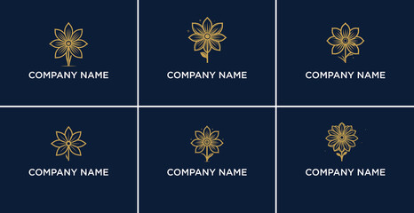 Elegant golden flower logo designs on dark blue background for branding