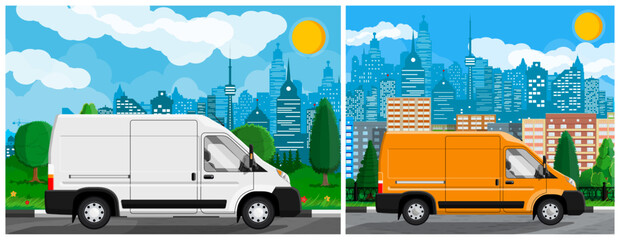 Fototapeta premium Delivery van on boulevard. White and orange cargo minivan vehicle. Logistics service and commercial transport. City road on street.