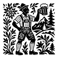 Bavarian Beer Drinker in Mountains — Alpine Oktoberfest Character, Woodcut B/W Vector