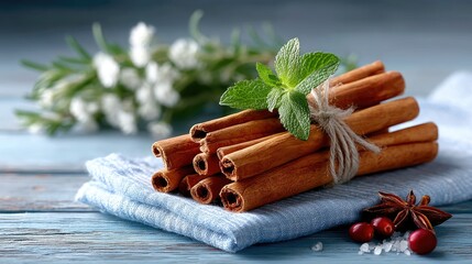 Cinnamon Sticks Tied with Twine on Blue Cloth with Mint Leaves and Rosemary Sprigs on Rustic Wooden Surface