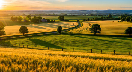 Fototapeta premium Scenic Sunset Over Rolling Fields and Winding Path in a Tranquil Countryside Landscape with Green Meadows and Golden Wheat in the Evening Light