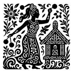 Eastern European Folk Dancer with Village House — Culture & Heritage Woodcut (Monochrome)