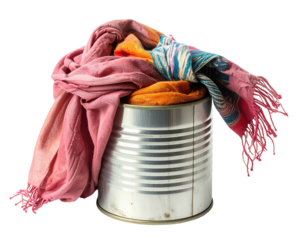 A metal tin can, filled with colorful scarves
