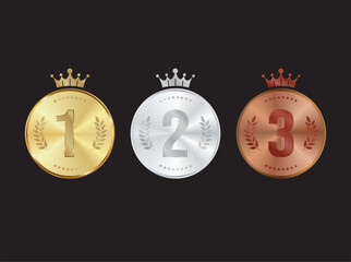 Gold, Silver, Bronze, and Rose Gold Medal, First, Second, Third Place Badges with Ribbons, Podium and Olive Branches 