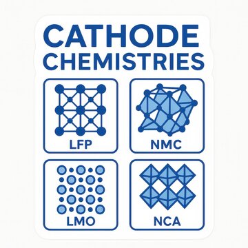 Comprehensive Overview of Cathode Chemistries Featuring LFP NMC LMO and NCA Representations in Modern Battery Technologies with Artistic Geometric Visuals captured with clarity