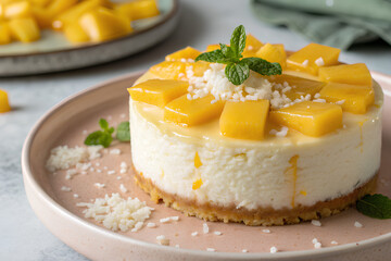 Fresh Mango Cheesecake with Coconut Topping
