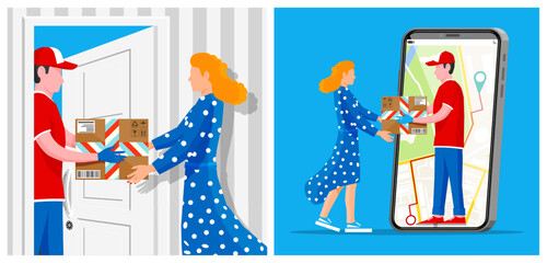 Man courier delivering two boxes to woman at door. Online tracking delivery service with smartphone. Shipping or e-commerce concept.