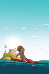 Illustration of Papua Island with a boy sitting on a surfboard