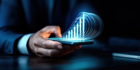 Businessman holding smartphone showing financial data growth