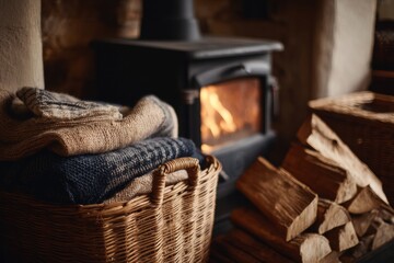 Obraz premium A cozy scene with a wood-burning stove, stacked firewood, and knit blankets in a wicker basket, evoking warmth and comfort