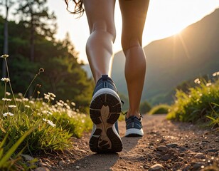 Woman's legs walking trail, sunlit