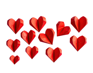 Red paper hearts, geometric shapes,  isolated on black