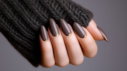 A hand with long, glossy taupe nails featuring gold accents, partially covered by a textured, dark knit sweater