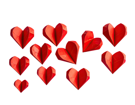 Red paper hearts, geometric shapes, isolated on black