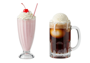 Classic American diner drinks a Strawberry Milkshake and a Root Beer Float set isolated for a transparent background PNG
