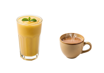Indian Mango Lassi and Masala Chai tea drink set traditional beverages isolated object for a transparent background PNG
