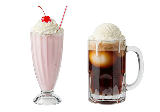 Classic American diner drinks a Strawberry Milkshake and a Root Beer Float set isolated for a transparent background PNG