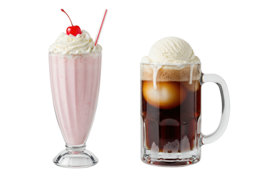 Classic American diner drinks a Strawberry Milkshake and a Root Beer Float set isolated for a transparent background PNG