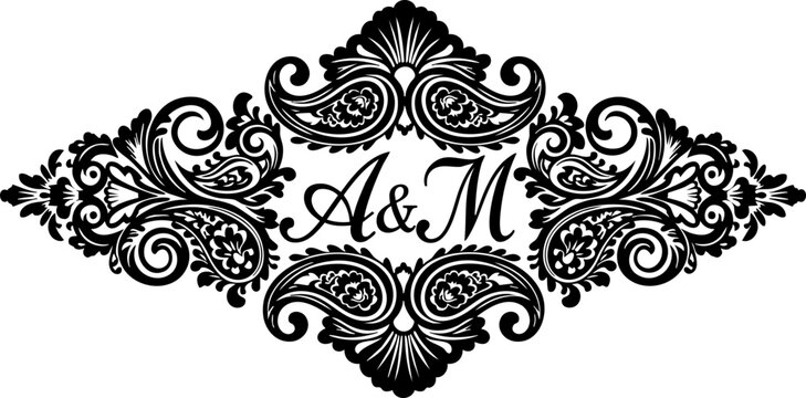 Elegant vintage monogram crest with the letters A and M in ornate floral design, perfect for wedding invitations and sophisticated branding projects requiring timeless style