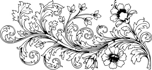 Fototapeta premium Elegant swirling floral flourish perfect for invitations, stationery, or sophisticated design projects needing a vintage botanical touch with artistic refinement