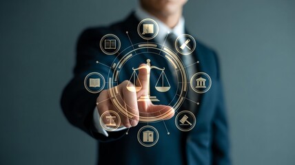 Businessman interacts with futuristic digital interface displaying legal and business icons justice technology