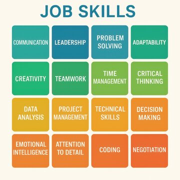 Diverse job skills infographic illustrating essential competencies for career success including creativity leadership teamwork adaptability and critical thinking displayed in colorful blocks