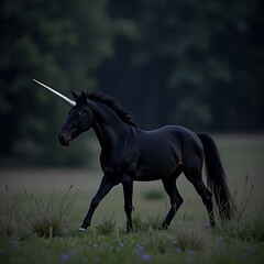 Obraz premium Walking Unicorn in a Grassy Field with Trees Background