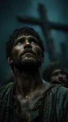 Fototapeta premium Barabbas and three crosses in the background.