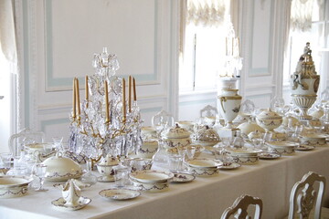 table with cutlery in the palace in Peterhof