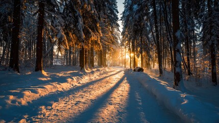 Serene Forest Path Surrounded by Snow in Winter