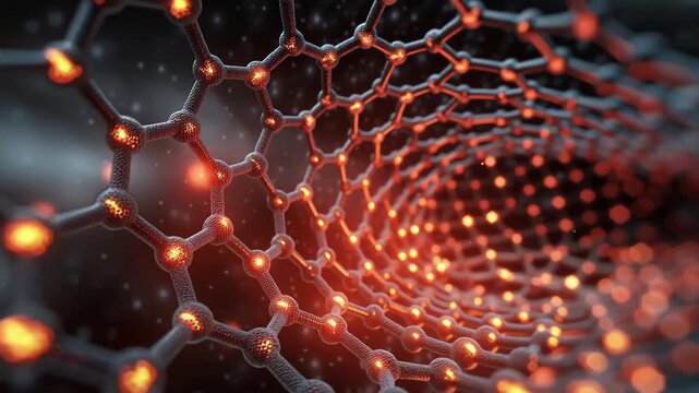 Graphene Nanotechnology Structure with Glowing Hexagonal Lattice, Futuristic Science Innovation, Abstract Carbon Nanotube Molecular Visualization