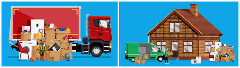 Moving service with man worker unloading boxes from van to house. Truck full of packed belongings. Home delivery concept. © absent84