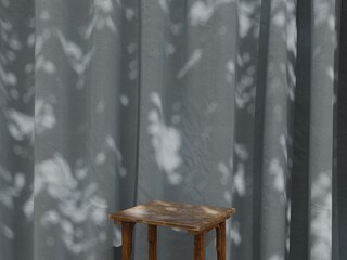 Wooden Table with Leaf Shadows on Slate Blue-Gray Curtain A