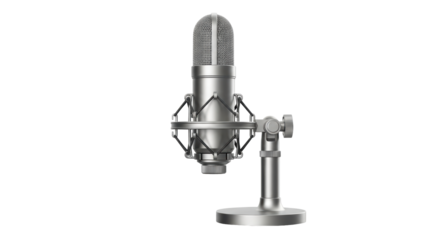 Isolated silver studio microphone for singing and broadcasting with a mount, professional sound