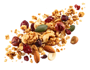 A vibrant mix of granola, nuts, and dried fruit in a dynamic, scattered arrangement