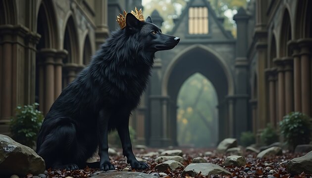Wolf Wearing Crown Sitting in Old Ruins Landscape