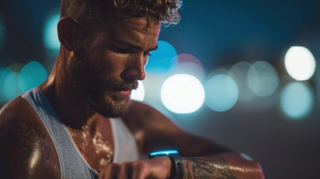 A young Caucasian man with curly blond hair checks his smartwatch at night. He is sweaty and wearing a sleeveless shirt, with blurred city lights in the background. - Powered by Adobe